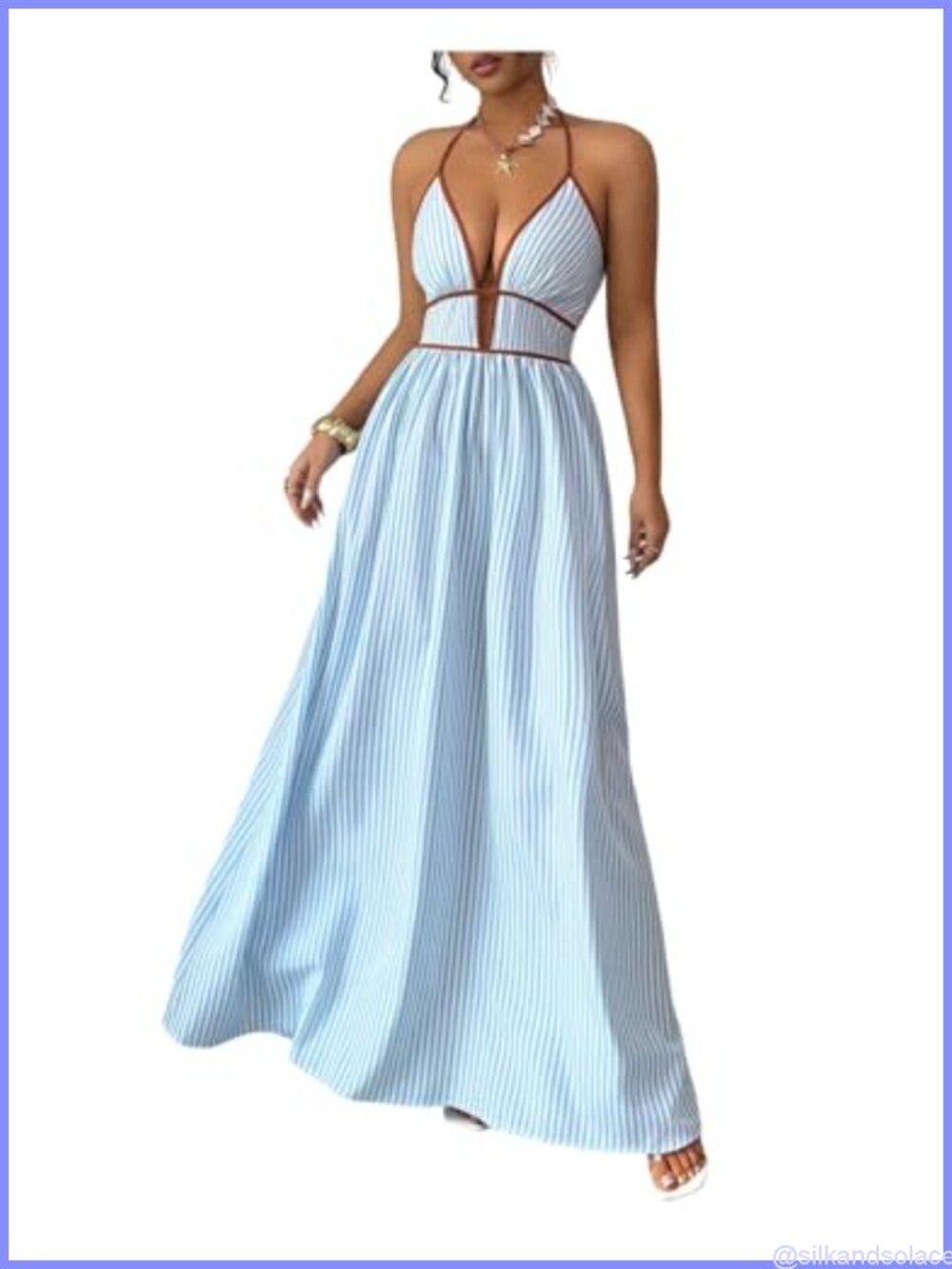 Floerns Women's Striped Halter Maxi Dress Backless Smocked Boho Dress